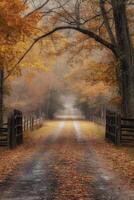 Rustic autumn pathway lined with trees in rural countryside during fog photo