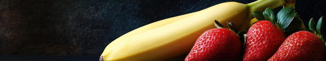 Fresh banana and strawberries on a dark countertop with highlights photo