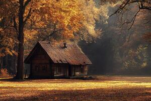 A rustic cabin stands alone in the heart of an autumn landscape photo