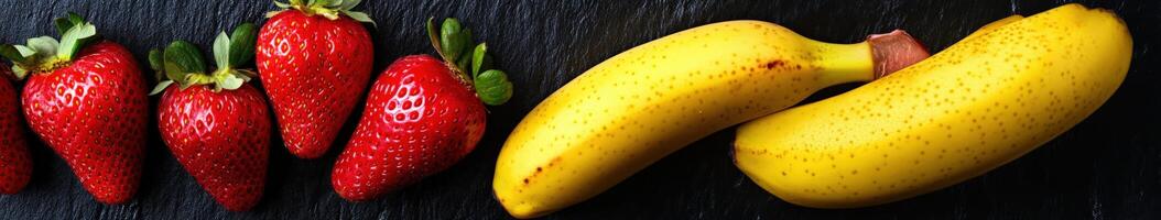 Fresh strawberries and ripe bananas arranged on a black surface photo