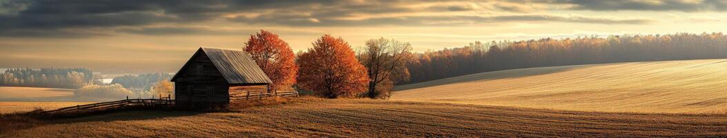 Golden autumn fields with rustic barn and vibrant foliage at sunset photo