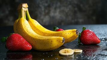 Fresh bananas and strawberries arranged beautifully on a dark surface photo