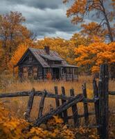 Rustic wooden house surrounded by vibrant autumn foliage in rural landscape photo