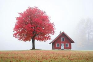 Bright red maple tree beside a cozy cottage in foggy autumn landscape photo