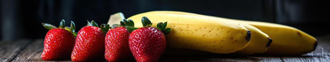 Fresh strawberries and bananas on a wooden table in natural light photo