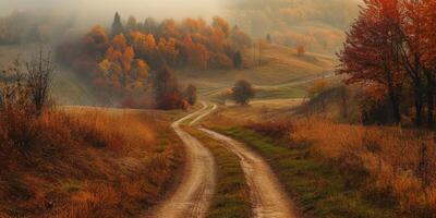 Winding dirt road through vibrant autumn colors in tranquil countryside photo