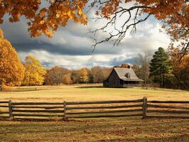 Charming autumn countryside with an old barn amidst colorful leaves photo