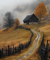 Serene autumn rural landscape with a winding path and a cozy cabin photo