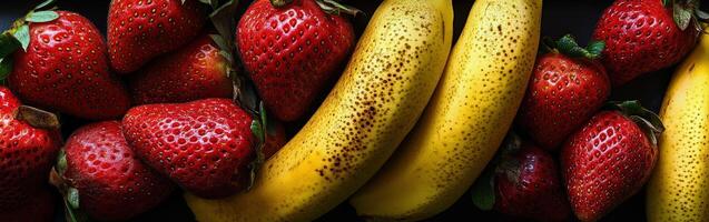 Fresh strawberries and bananas on a black background for healthy snacks photo