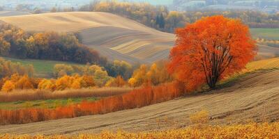 otoño rural paisaje presentando vibrante naranja arboles y laminación colinas foto