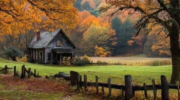 Charming autumn landscape featuring a rustic cabin and vibrant foliage photo
