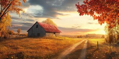 Charming autumn landscape with a rustic barn and golden sunset hues photo