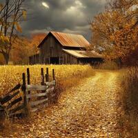 Charming autumn rural landscape with a rustic barn and fallen leaves photo
