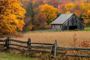 Charming autumn landscape with a rustic barn and vibrant foliage photo