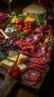 A beautifully arranged charcuterie board with meats and cheeses at sunset photo