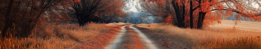 Winding dirt road through colorful autumn foliage in rural countryside photo