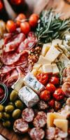 Delicious charcuterie board featuring meats, cheeses, and fresh tomatoes photo