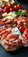 A colorful charcuterie board with assorted meats, cheese, and tomatoes photo