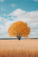 Vibrant autumn foliage highlights a single tree in a rural landscape photo