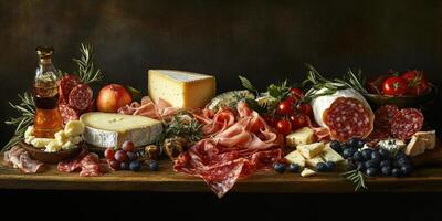 Artisan cheese and charcuterie spread on rustic wooden table photo