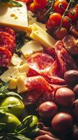 Delicious charcuterie board with cheese, meats, and fresh vegetables photo