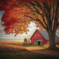 Autumn rural landscape featuring vibrant trees and a red barn at dusk photo
