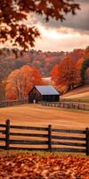 Autumn rural landscape with a barn and colorful trees in the countryside photo