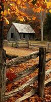 Charming autumn landscape with a rustic cabin surrounded by colorful leaves photo