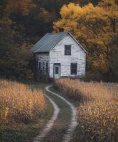 Charming autumn rural landscape featuring a quaint house and winding path photo