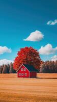 A red house amid colorful autumn foliage in the countryside photo