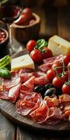 Artisan charcuterie board with meats, cheeses, tomatoes, and olives photo