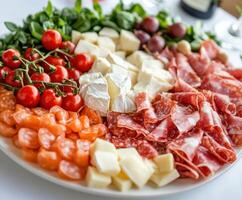 Colorful charcuterie platter featuring fresh meats, cheeses, and fruits photo