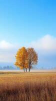 Yellow trees in autumn grassland under a clear blue sky at dawn photo