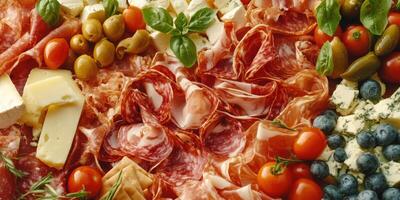 Elegant charcuterie board with cheese, meats, and fresh produce photo