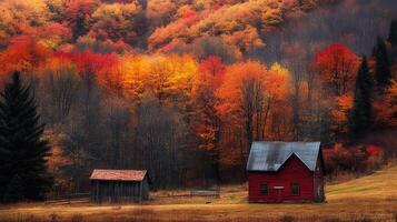 Vibrant autumn colors adorn a rural landscape with quaint red cabins photo