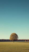 Golden autumn grassland featuring a solitary tree under a clear sky photo