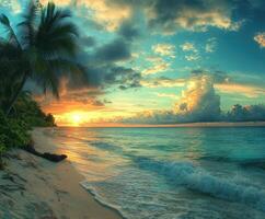 Tropical beach at dusk with vibrant colors and gentle waves photo