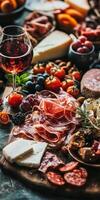 A gourmet spread of meats, cheeses, and fruits on a rustic table photo