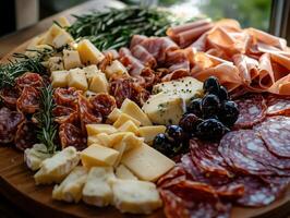 A charcuterie board filled with assorted meats and cheeses at sunset photo