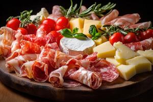Artisan charcuterie board with meats, cheeses, and fresh herbs displayed photo