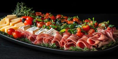A beautifully arranged charcuterie platter with cheeses and olives photo