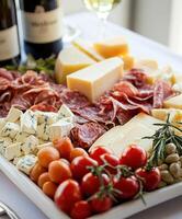 Elegant charcuterie platter featuring cheeses, meats, and fresh vegetables photo