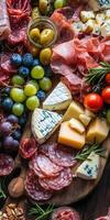 A colorful charcuterie board with meats, cheeses, and fresh fruits photo