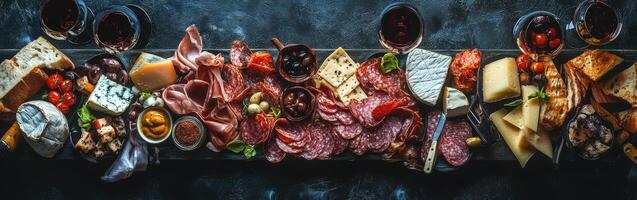 Gourmet charcuterie board with assorted cheeses, meats, and red wine photo