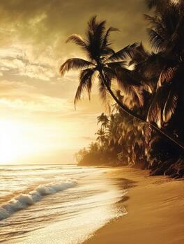 Tropical beach at dusk with palm trees and gentle ocean waves photo