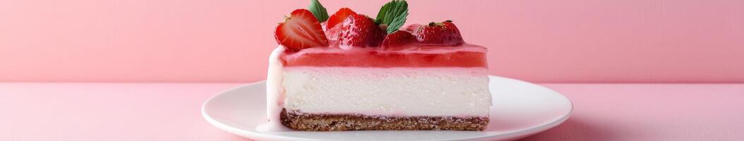 Delicious strawberry cheesecake slice on a pink background during the day photo