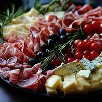 Charcuterie platter featuring assorted meats, cheeses, and fresh herbs photo