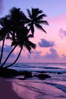 Tropical beach at dusk with palm trees and soft waves on the shoreline photo