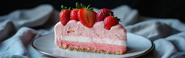 Delicious strawberry mousse cake on a plate with fresh strawberries photo