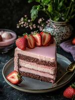 Delicious chocolate strawberry layer cake served on a rustic plate photo